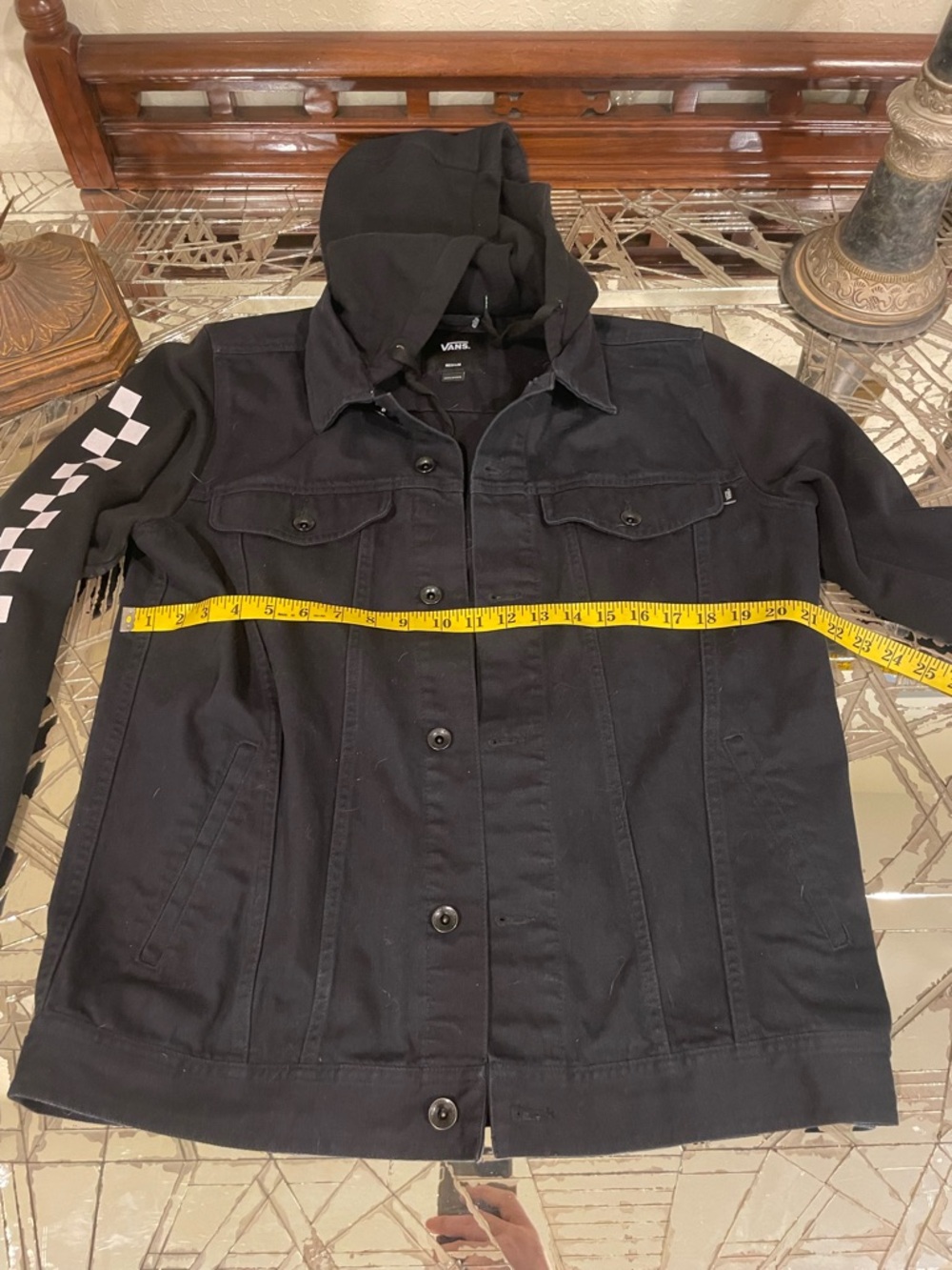 Vans Black Hooded Denim Bomber Jacket with Checker Sleeve - Picture 5 of 5